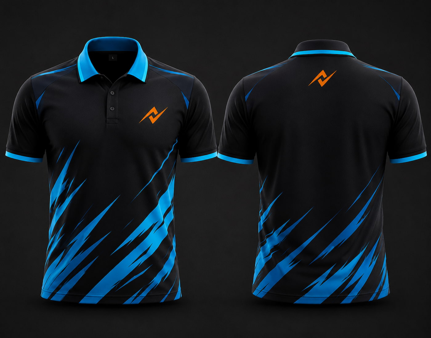 Premium black and electric blue cricket polo collar jersey front and back view with logo on side chest and back neck placement.