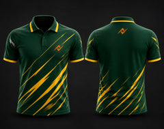 Premium green and gold cricket polo collar jersey front and back view featuring logo on side chest and back neck placement.