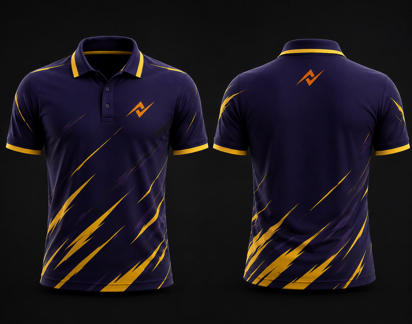 Premium purple and gold cricket polo collar jersey front and back view featuring logo placement on side chest and back neck area.