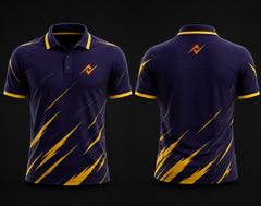 Premium purple and gold cricket polo collar jersey front and back view featuring logo placement on side chest and back neck area.