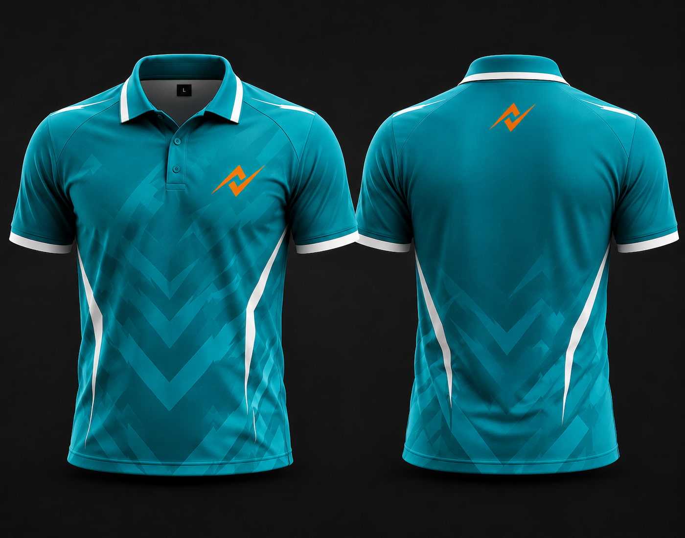Premium teal and white cricket polo collar jersey front and back view featuring logo placement on side chest and back neck area.