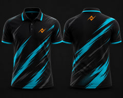 Premium black and cyan cricket polo collar jersey front and back view featuring logo placement on side chest and back neck area.