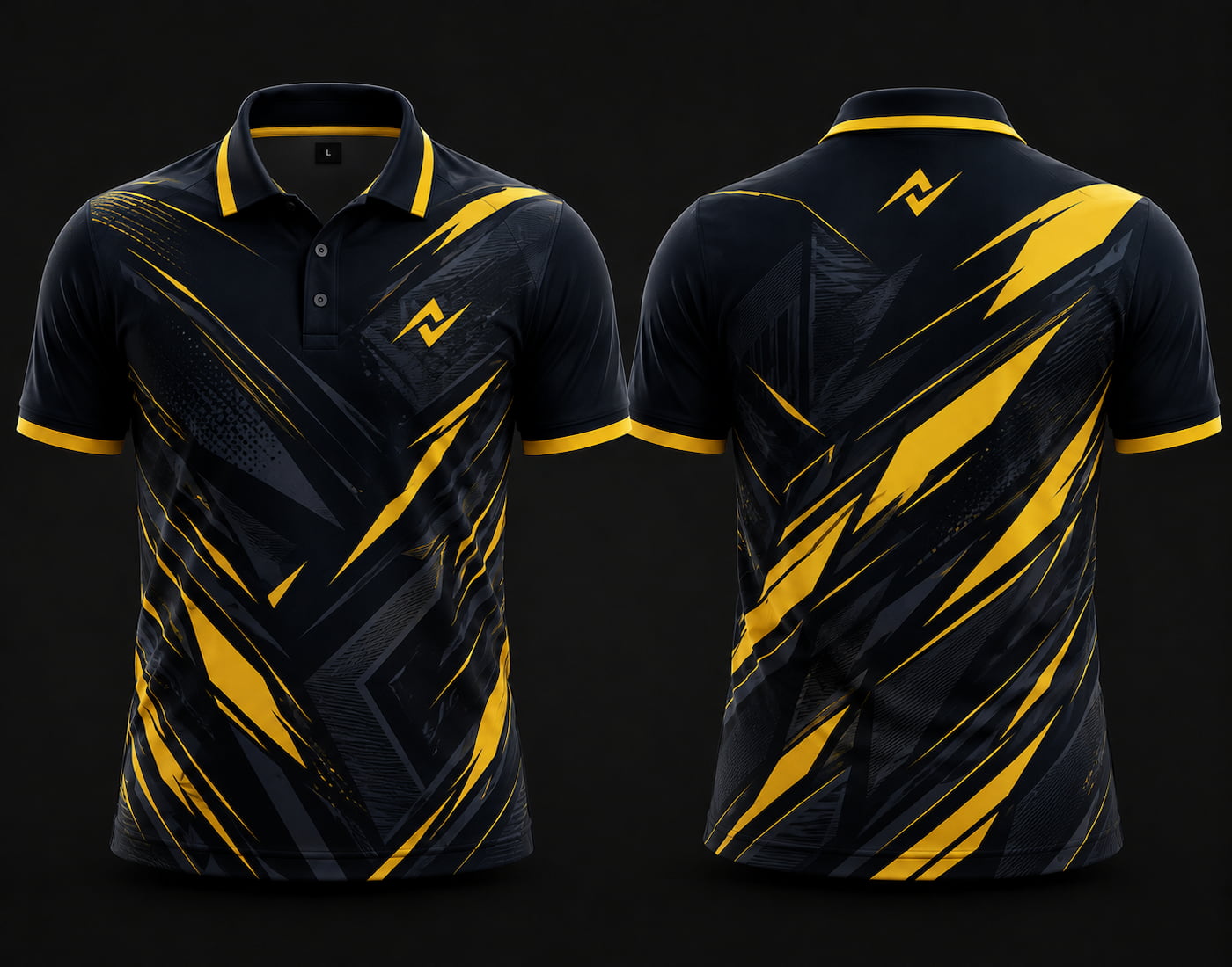 Premium black and yellow cricket polo collar jersey front and back view with logo on side chest and back neck placement.
