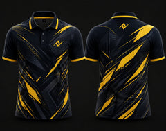 Premium black and yellow cricket polo collar jersey front and back view with logo on side chest and back neck placement.
