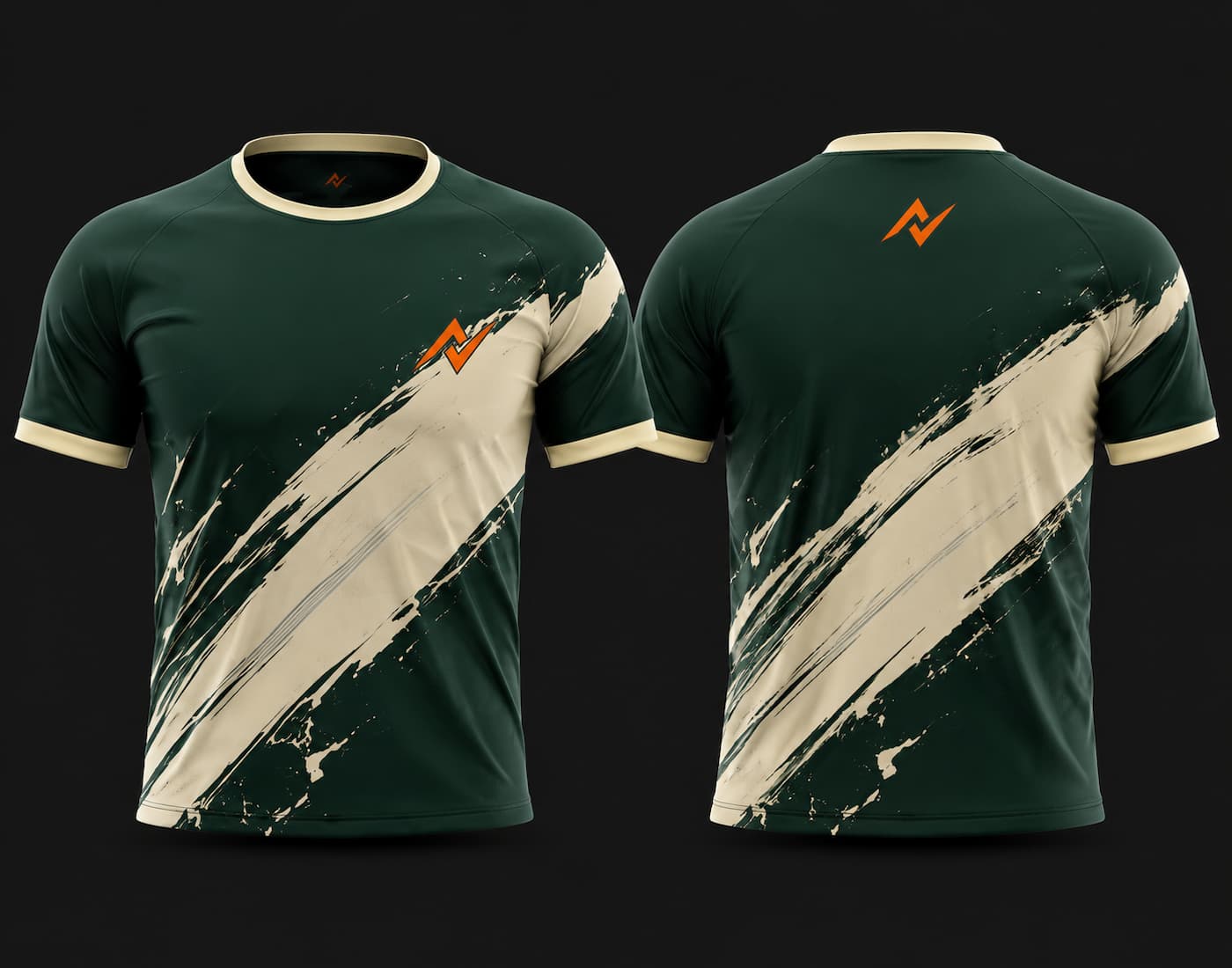 Front and back view of a forest green round neck sports jersey featuring an ivory brush-stroke design with orange logo accents.