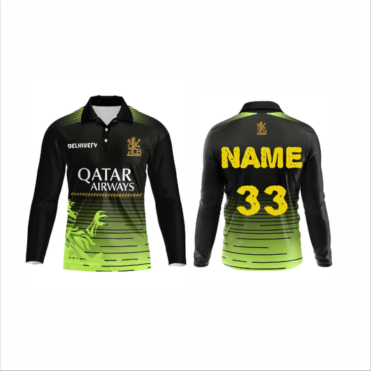 RCB 2026 custom full sleeve black green IPL cricket jersey front and back view