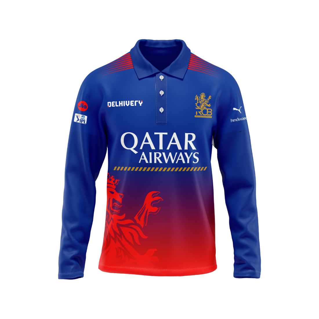 RCB 2026 full sleeve polo t shirt blue and red round neck front view
