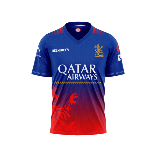 RCB IPL 2026 round neck half sleeve t shirt red and blue front view