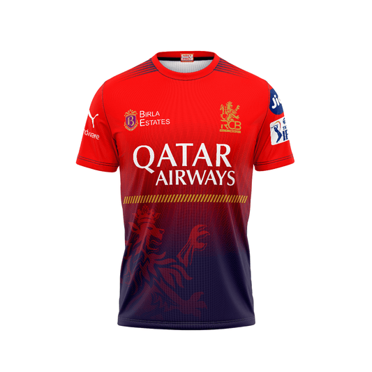 RCB IPL 2026 black and red printed round neck cricket jersey front view