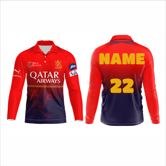 RCB IPL 2026 custom full sleeve cricket jersey with personalized name and number front and back view
