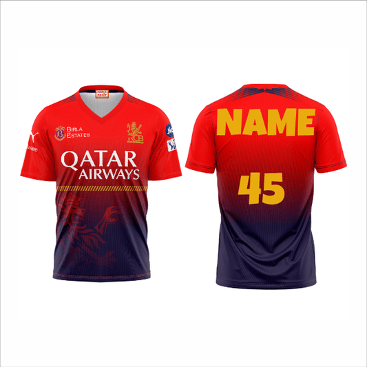 RCB IPL 2026 custom cricket jersey red and navy blue with personalized name and number