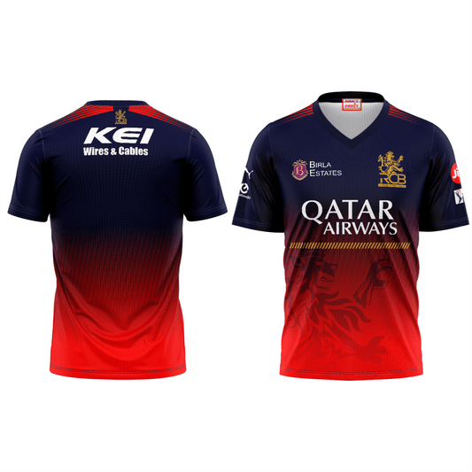 RCB IPL 2026 custom cricket jersey red black V neck front and back view