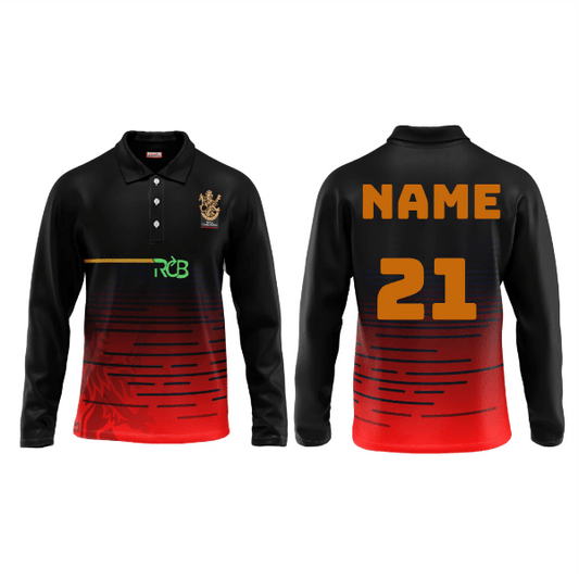 RCB IPL 2026 full sleeve polo jersey custom name number black red cricket fan jersey