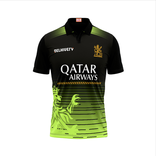 Front view of RCB IPL black green customized cricket jersey with sponsor print