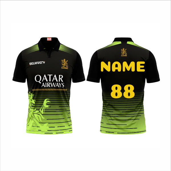 RCB IPL custom name and number black green cricket jersey front and back view