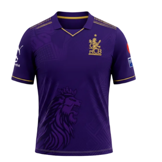 RCB Purple Cricket Jersey with Gold Lion Design – Premium Fan Edition Shirt (Puma Style)