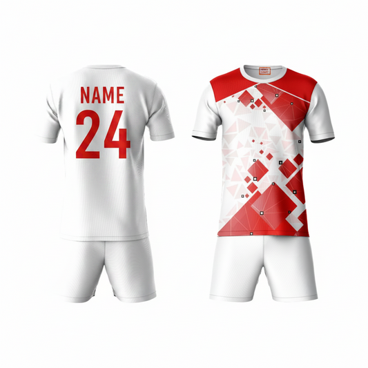 Red abstract pattern activewear t-shirt with white shorts back view