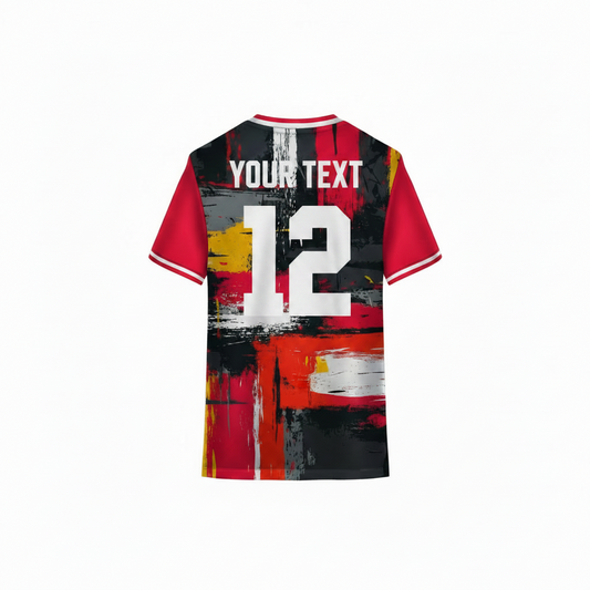 Red and black custom sports jersey back view with abstract paint stroke grunge design for cricket football volleyball and esports team uniforms by NextPrint