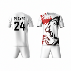 Red black animal print athletic sports t-shirt with white shorts back side view