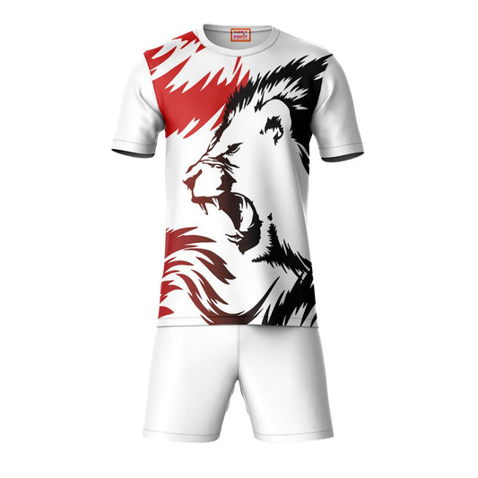 Red black animal print sports t-shirt with white shorts coord set front view for men