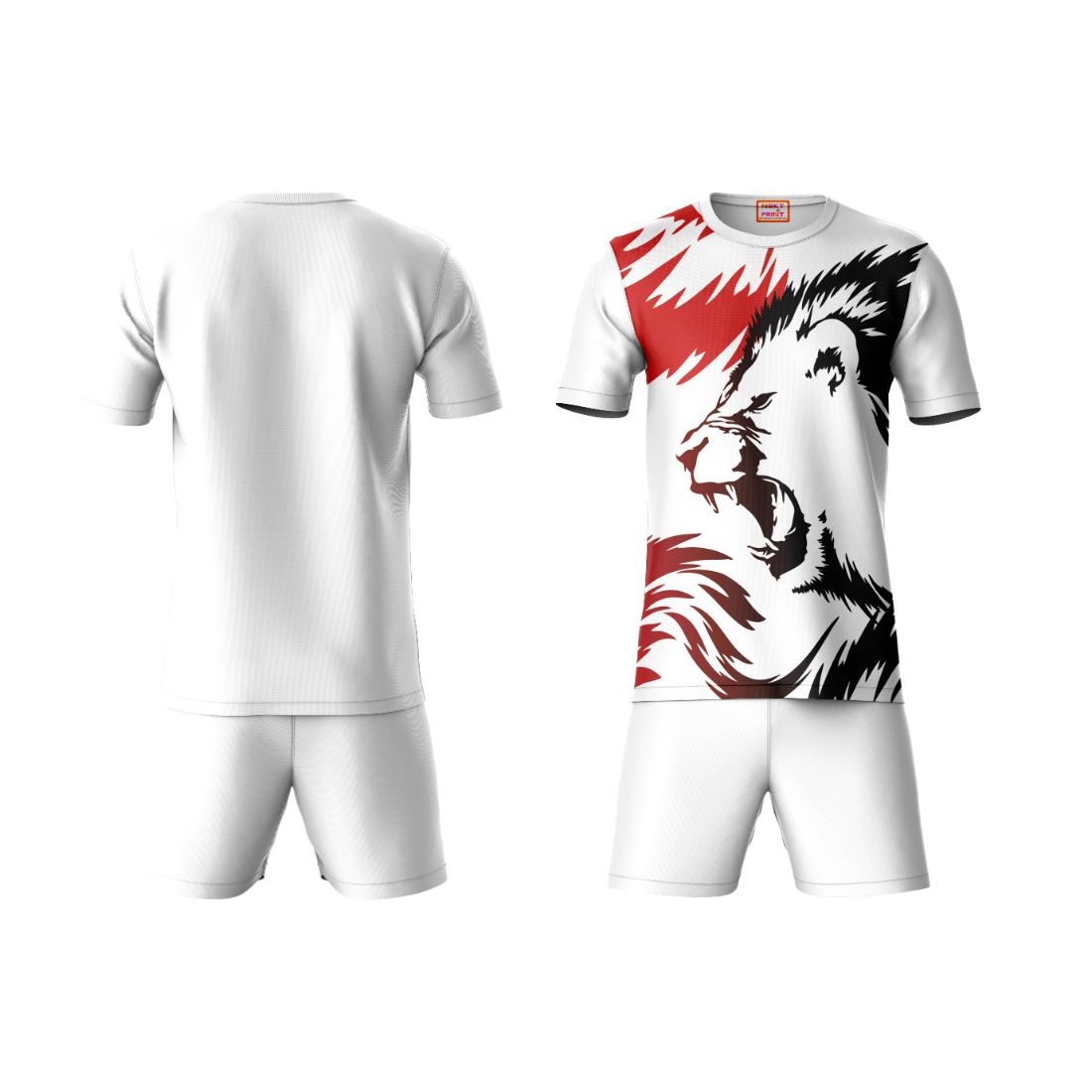 Premium red black animal print sportswear coord set with white shorts side angle view