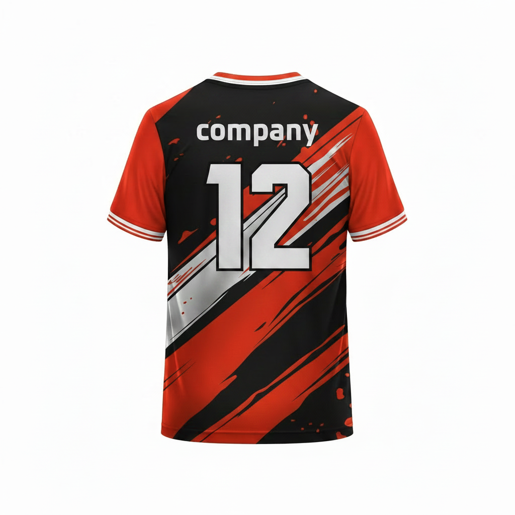 Red and black sports t-shirt back design with bold brush stripe graphics for custom sublimation cricket and football team jersey printing by NextPrint India.