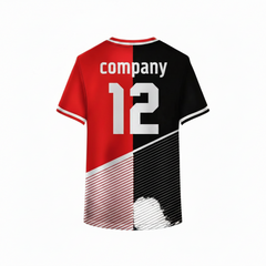 Red and black custom sports t-shirt back design with diagonal stripe pattern for personalized team jersey printing by NextPrint India.