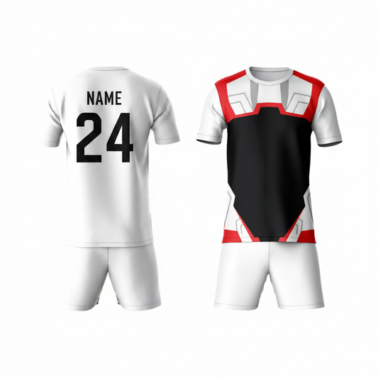 Red black geometric pattern activewear t-shirt with white shorts back view