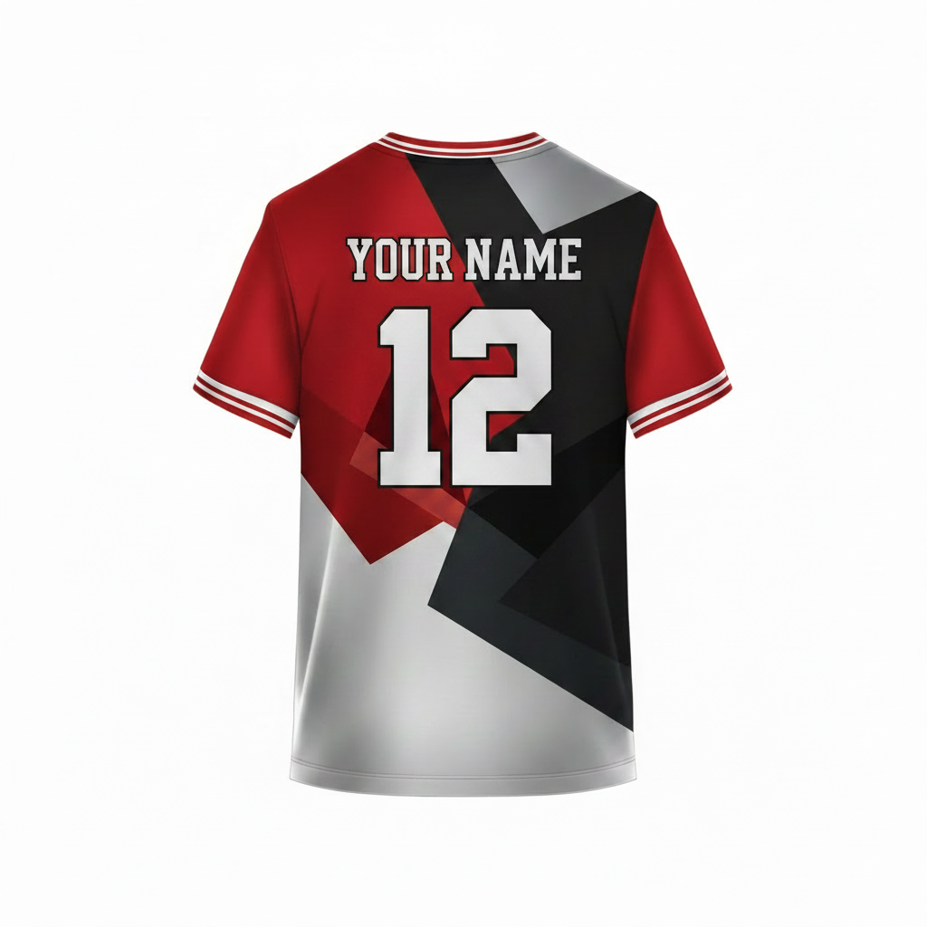 Red, black, and grey geometric sports t-shirt back design with modern angular pattern for custom sublimation team jersey printing by NextPrint India