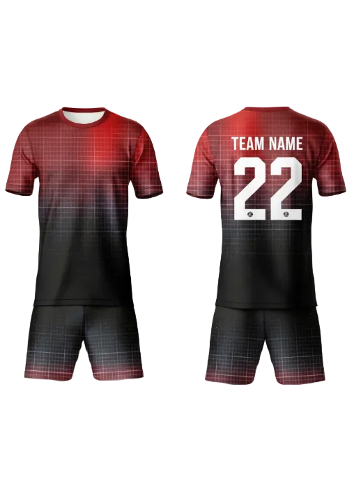 Red and black gradient custom sports jersey with matching shorts for cricket, football and team uniform sublimation printing front and back view
