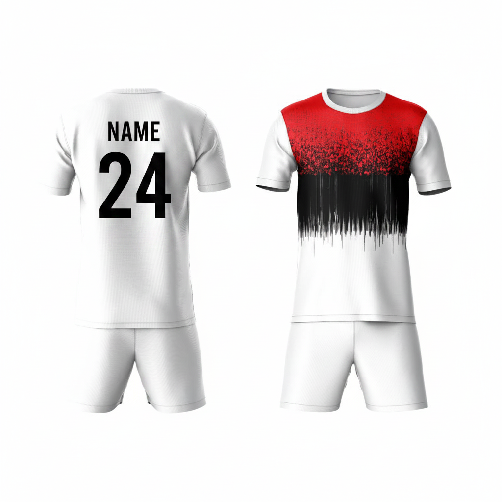 Red black gradient athletic sports t-shirt with white shorts back side view