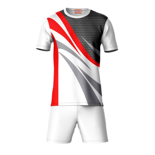 Red black grey sports t-shirt with white shorts for men front view