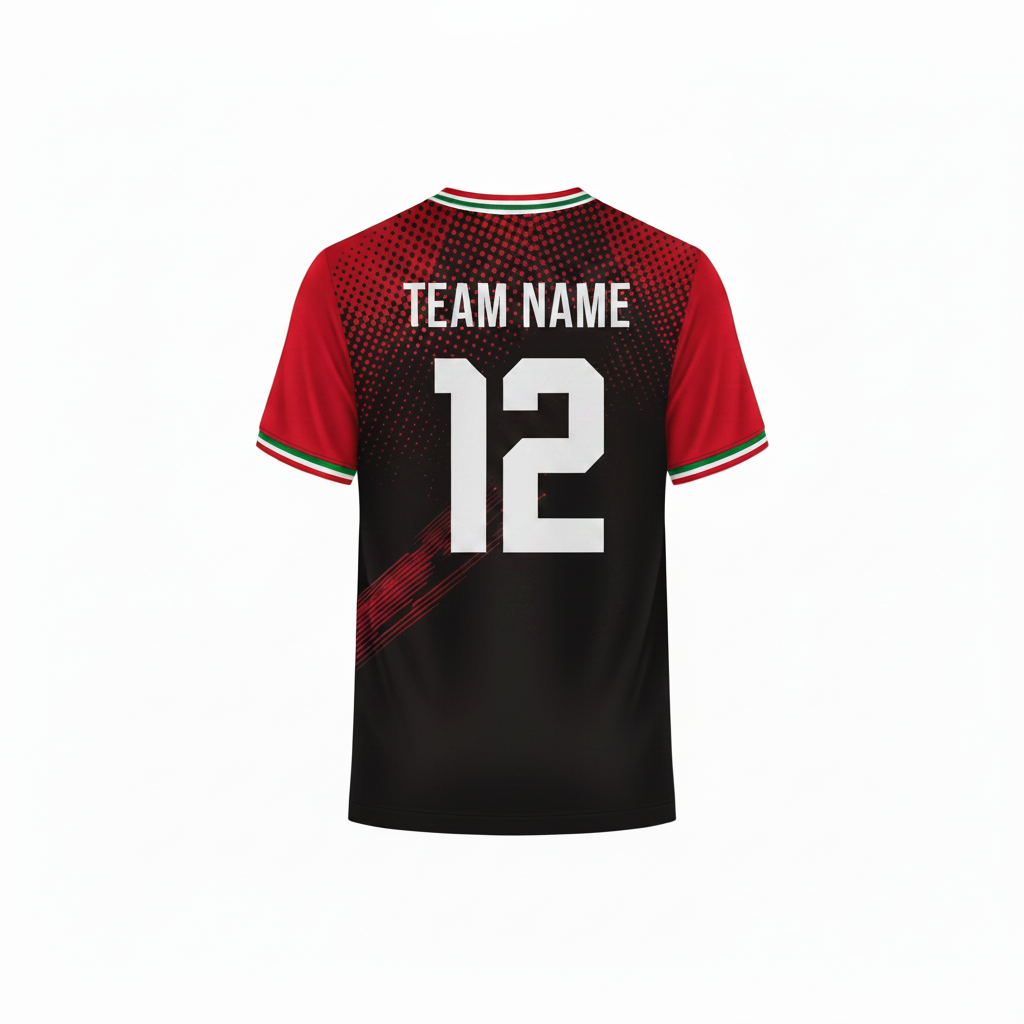 Red and black custom cricket sports jersey back view with halftone dot gradient and dynamic stripe design for team uniforms by NextPrint