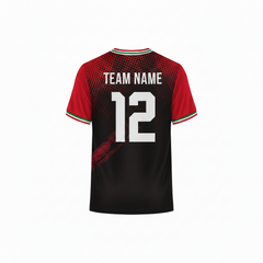 Red and black custom cricket sports jersey back view with halftone dot gradient and dynamic stripe design for team uniforms by NextPrint