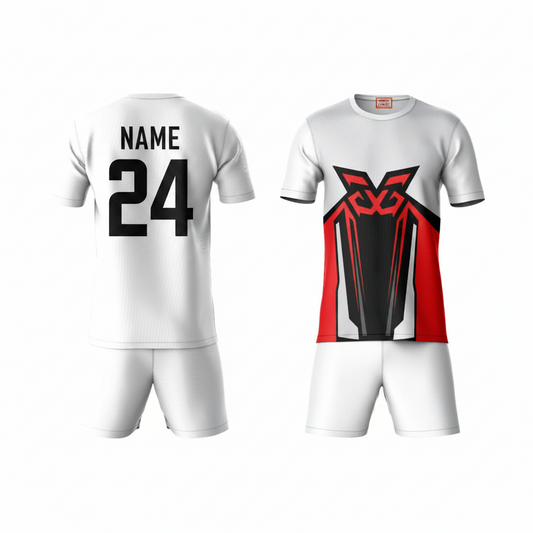 Red black activewear t-shirt with white shorts back view