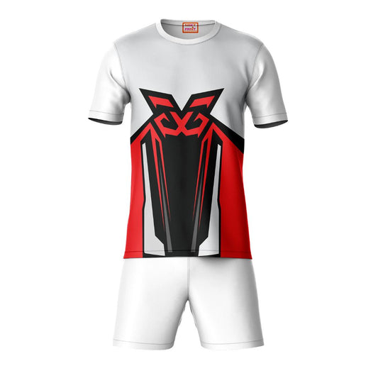 Red black round neck sports t-shirt with white shorts co-ord set front view