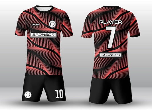 NextPrint Premium Red Black Sports Jersey – Wave Pattern Football Kit with Custom Print