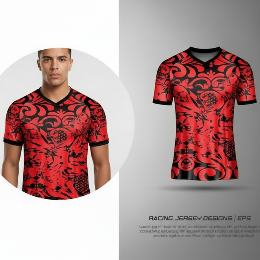 Next Print Red and black sports jersey design with abstract pattern