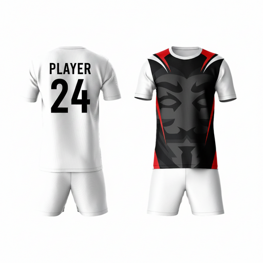 Red black activewear t-shirt with white shorts back view