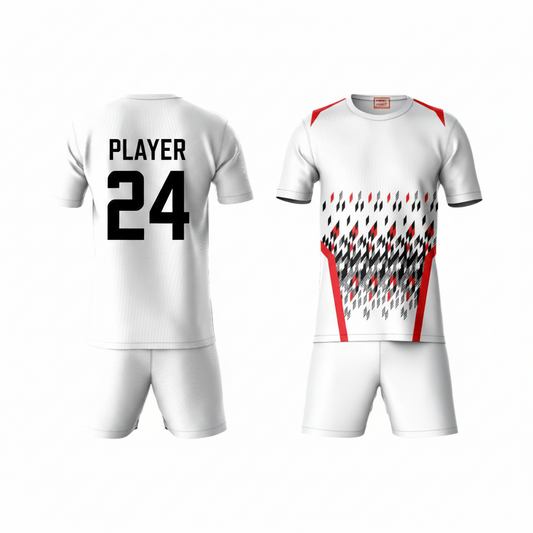 Red black athletic sports t-shirt with white shorts back side view