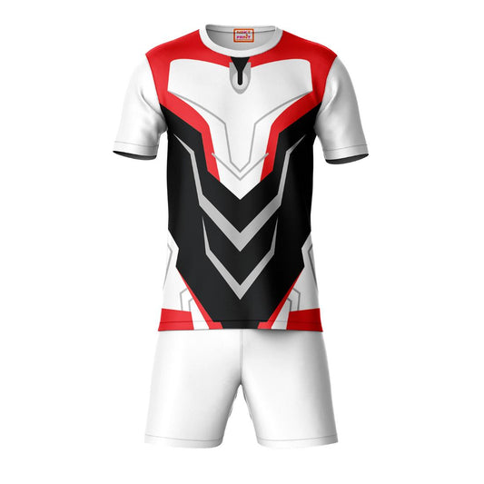 Red black sports t-shirt with white shorts co-ord set front view