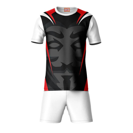 Red black sports t-shirt with white shorts co-ord set front view