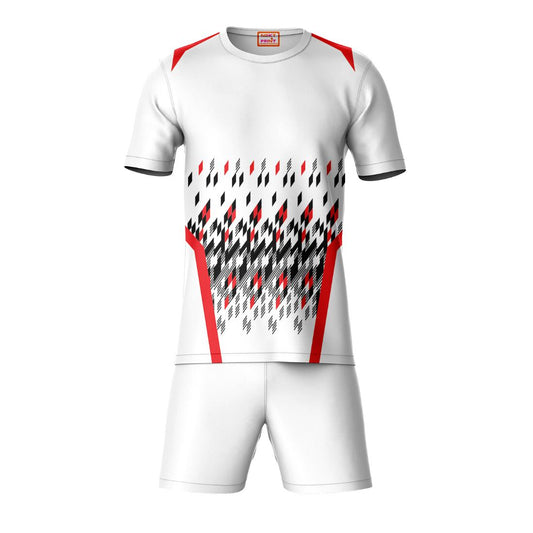 Red black sports t-shirt with white shorts coord set front view for men