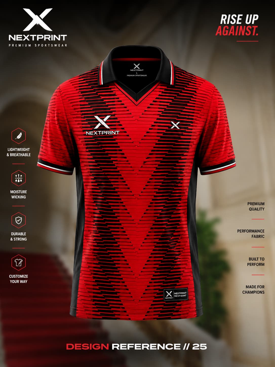 Red and black V-neck cricket jersey featuring a bold geometric V-pattern with premium performance fabric.