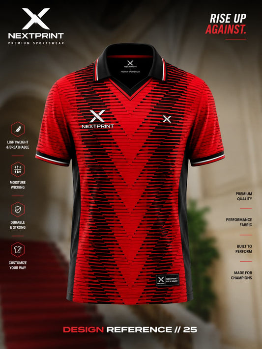 Red and black V-neck cricket jersey featuring a bold geometric V-pattern with premium performance fabric.