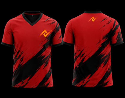 Red and black V-neck cricket jersey with bold brush-stroke sublimation design shown from front and back with blank back.