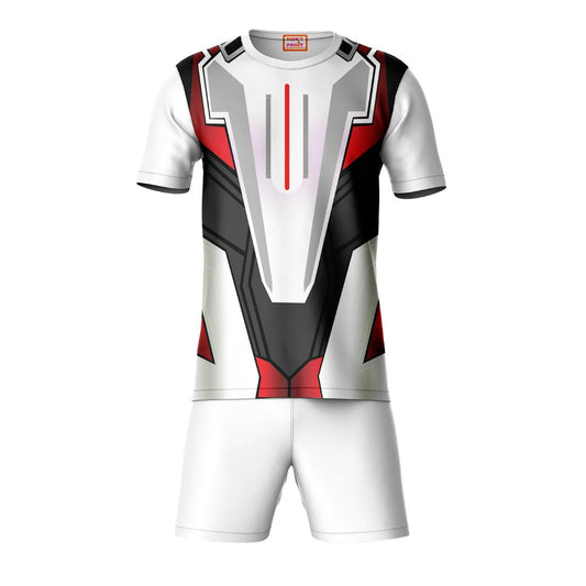 Red black white geometric sports t-shirt with white shorts coord set front view for men
