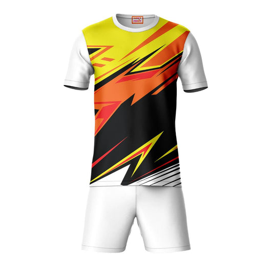 Red black yellow sports t-shirt with white shorts co-ord set front view