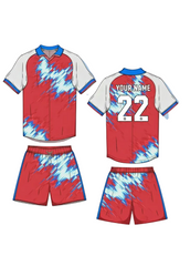 Red and blue abstract football jersey with matching shorts front and back view custom sports team uniform design