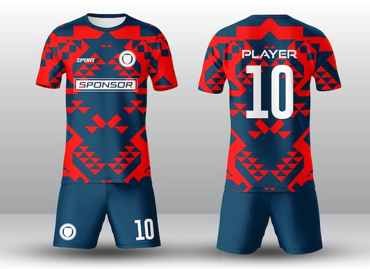 NextPrint Red Navy Soccer Jersey Kit – Geometric Design with Custom Player Name & Number